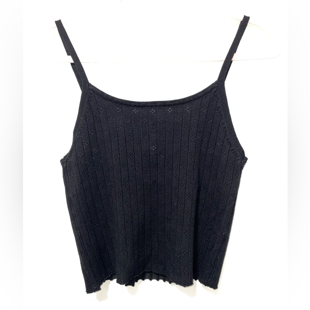 Super Cute Soft & Stretchy Dainty Black Pointelle Cropped Ribbed Cami Tank Top